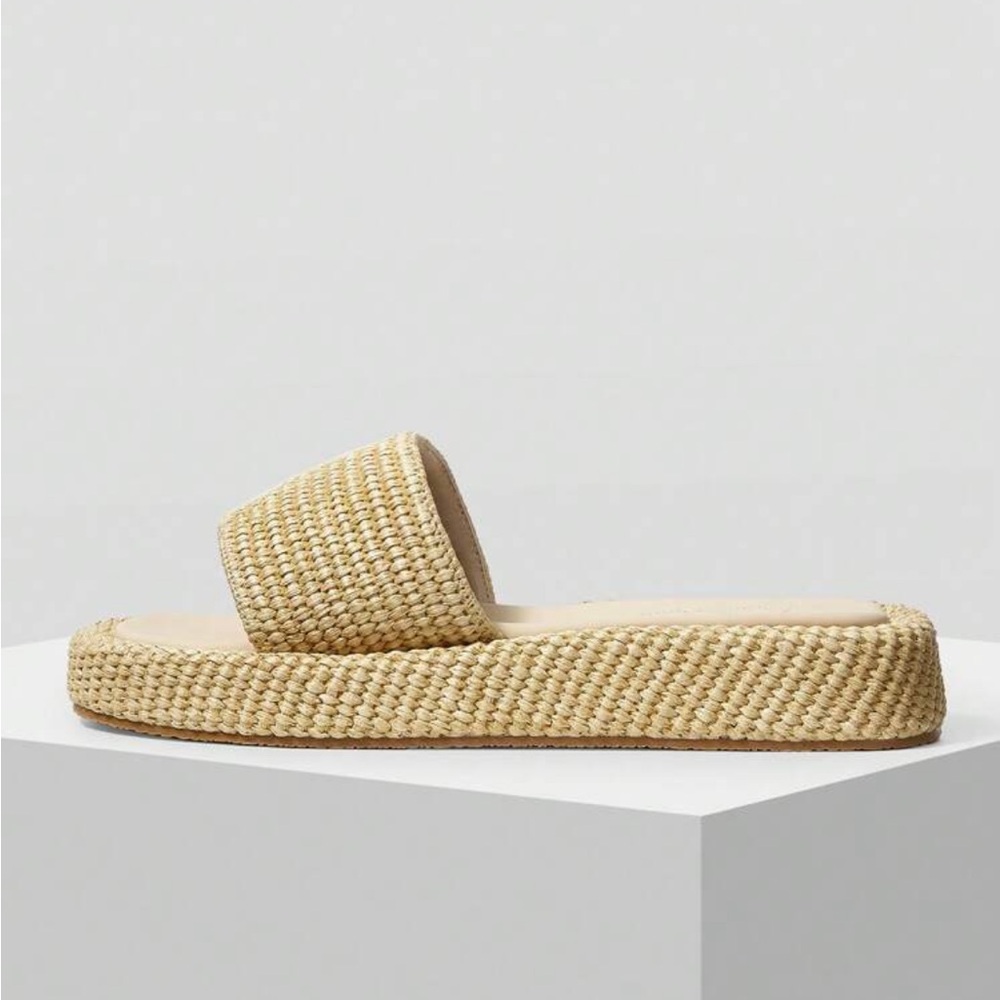 ROUND TOE WEDGE HEEL THICK PLATFORM BRAIDED FABRIC SLIP-ON SANDALS
